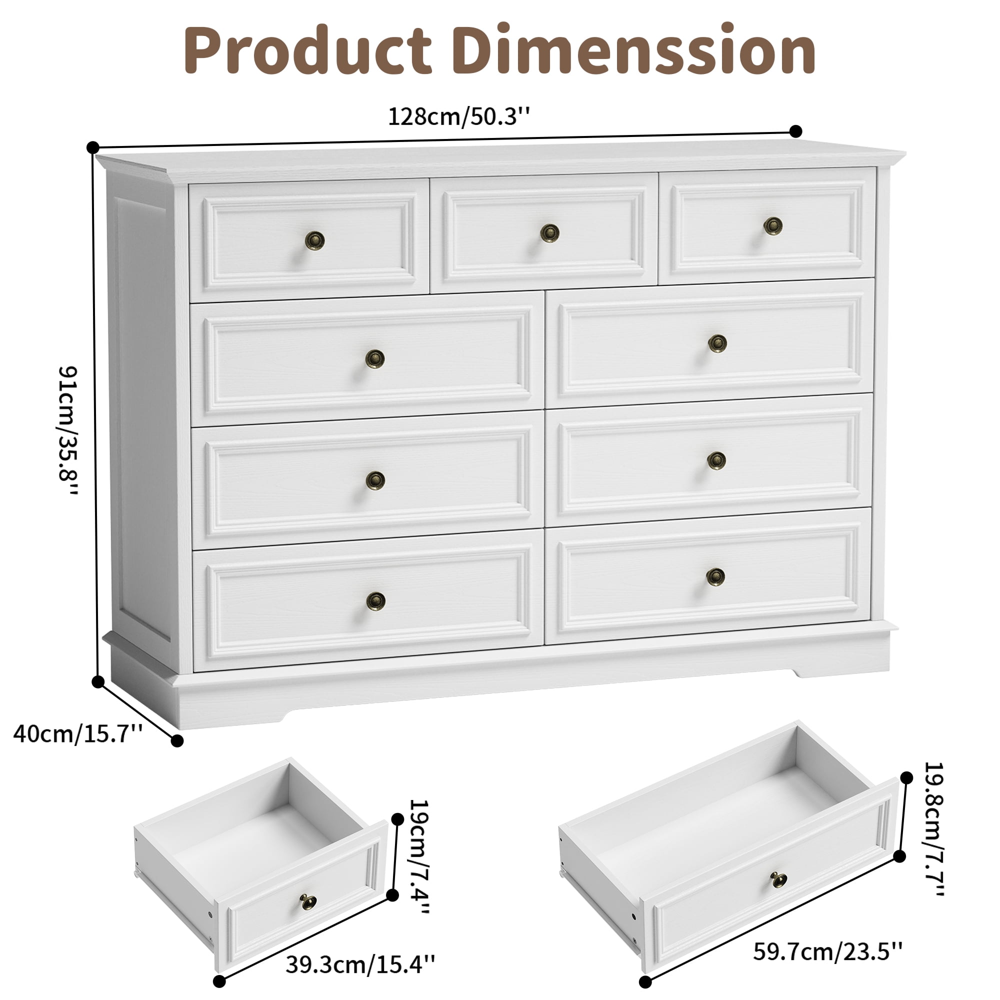9 Drawer Dresser for Bedroom, Wood Chest of Drawers, Rustic-Style Dresser with Metal Handles, Tall Storage Dresser Organizer, White