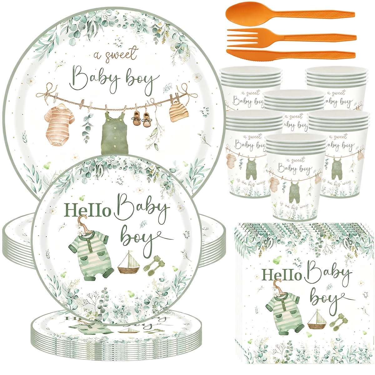 336pcs Complete Baptism & Christening Party Supplies - Disposable Dinnerware Set for 48 Guests with Green Sage Theme Plates, Cups, Napkins & Cutlery - All-in-One for Showers, Religious Celebrations