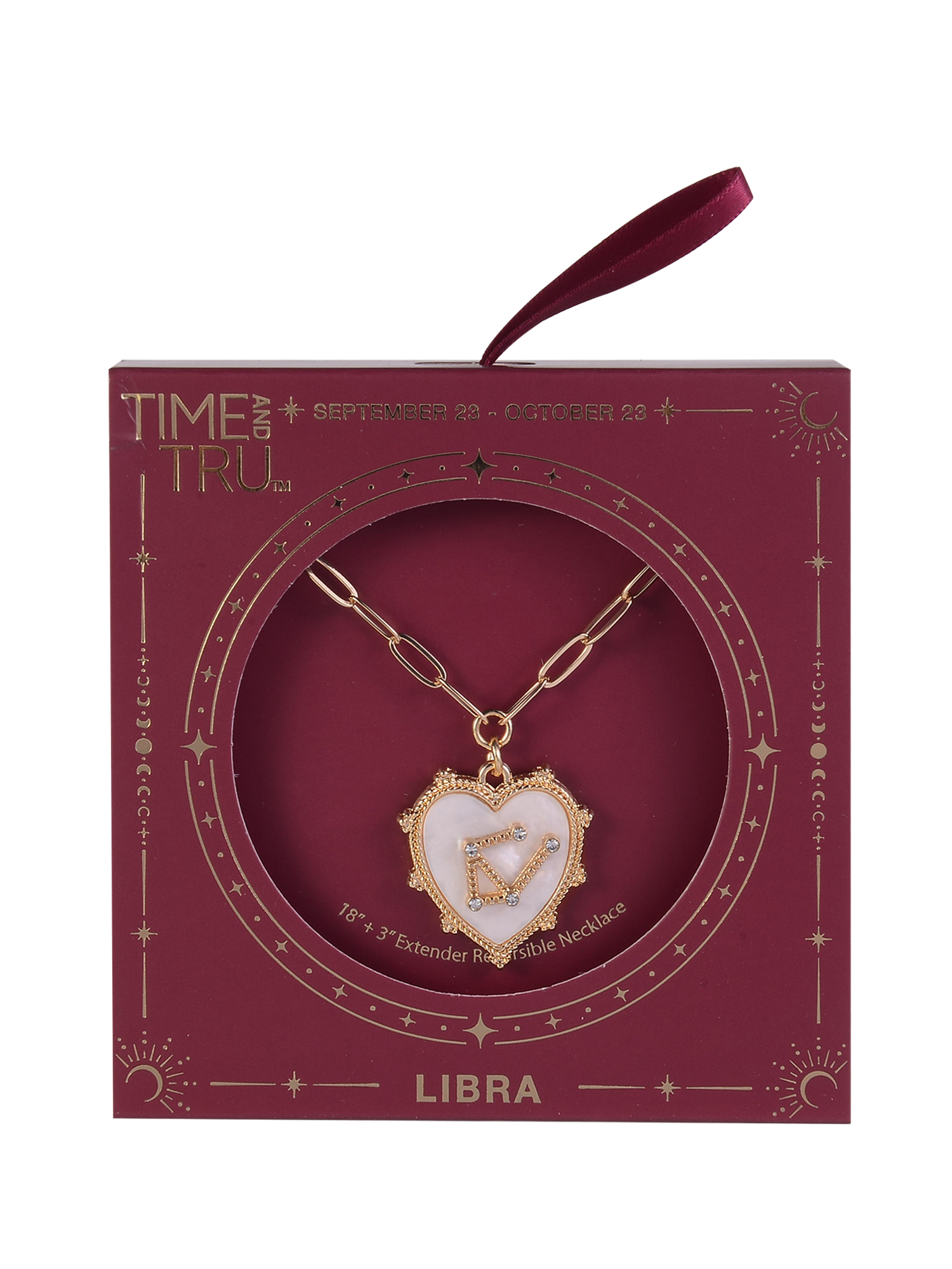 Time and Tru Women's Oval Link Chain Heart with Stone and Inset Constellation "Libra" Goldtone Reversible Necklace