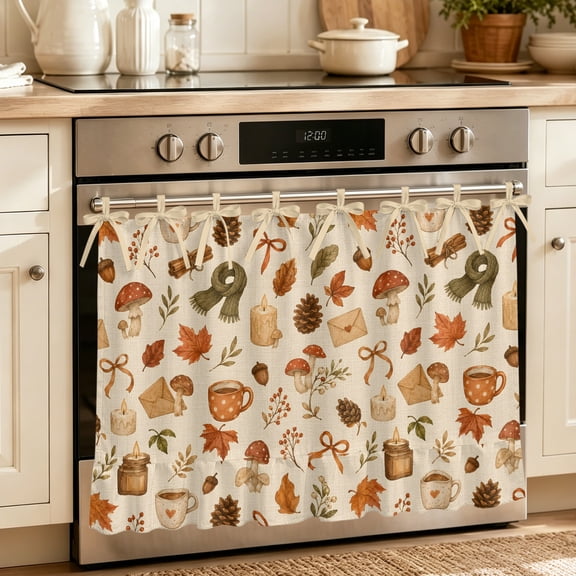 Oven Skirt Curtain for Kitchen 24x32 Inch, Fall Thanksgiving Oven Curtain with 8 Ribbon Ties & Ruffle Trim, Stove Skirt Curtain Dishwasher for Cabinets Over Sinks Maple Leaf Botanical Mushroom