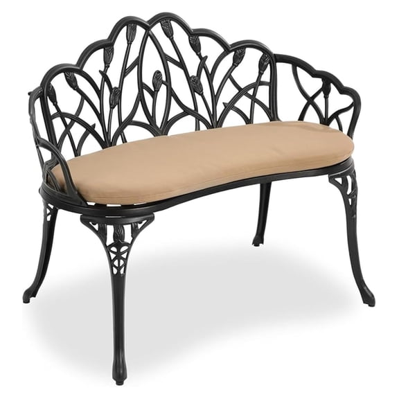 Outdoor Patio , Garden Benches with Cushion All-Weather Cast Aluminum Extra Loveseat for Lawn Front Porch Yard Decor Deck Furniture Black