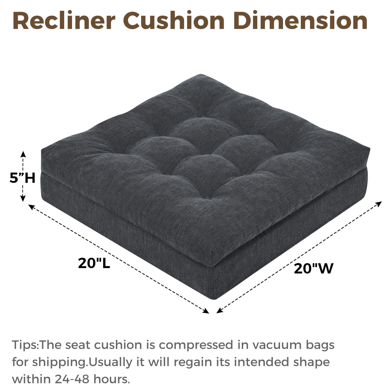 baibu Recliner Cushion  20-Inch Extra Large Seat Cushion Tufted Memory Foam Dual-layer Design Chair Cushion for Recliner Armchair Couch, Gray