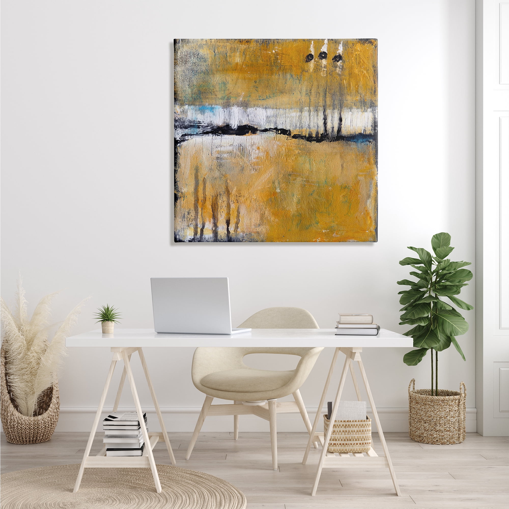 Stupell Industries Urban Yellow Black Paint Abstraction Industrial Shapes Abstract Painting Gallery Wrapped Canvas Print Wall Art, 36 x 36