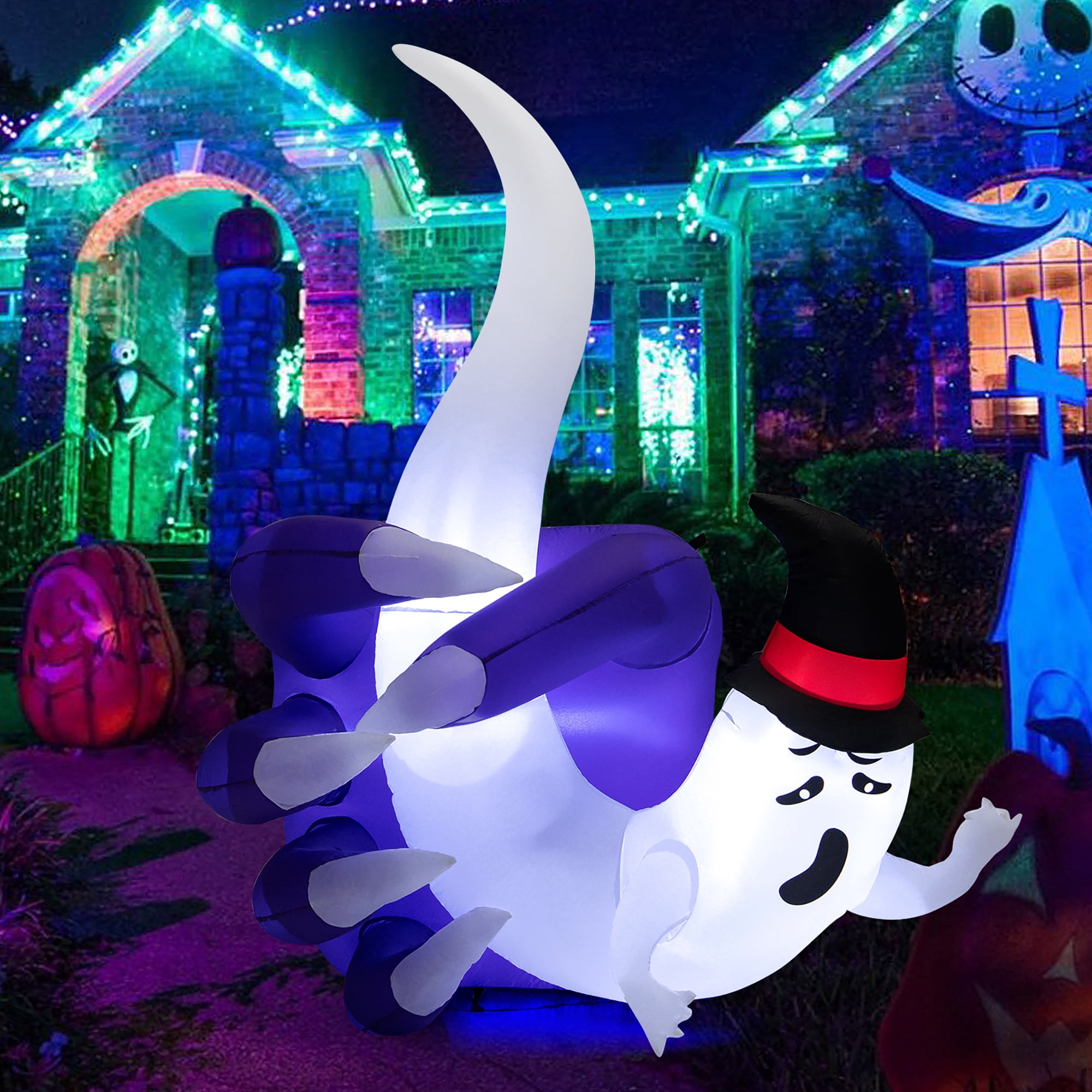 Lay Down Inflatable Ghost Costway 6 FT Halloween Inflatable Hand Hold the Ghost with Built-in LED ...