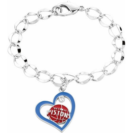 NBA Women's Swarovski Crystal Fine Silver-Tone Detroit Pistons Heart Charm Bracelet