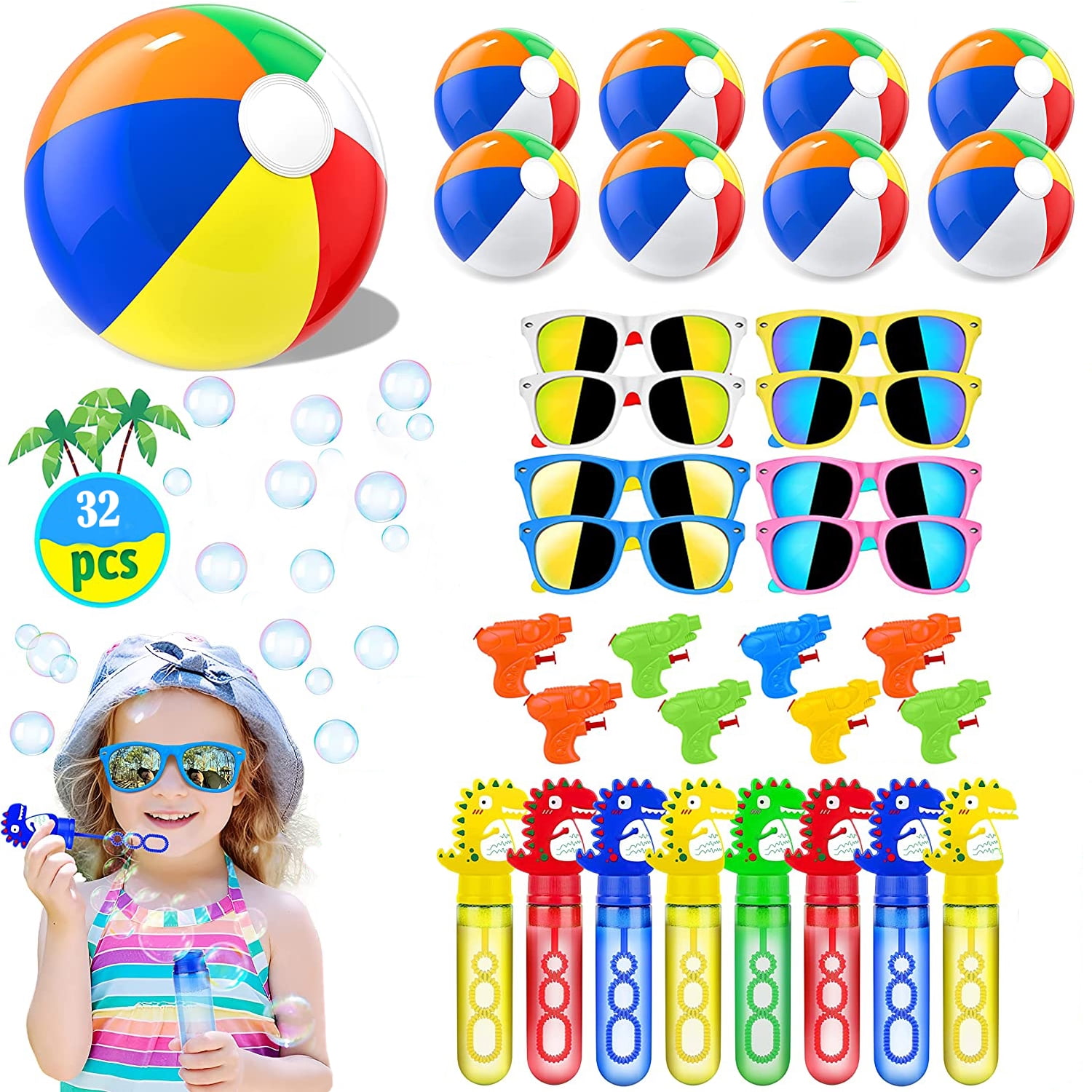 32Pcs Summer Pool Party Favors for Kids, Beach Balls Water Guns Toys