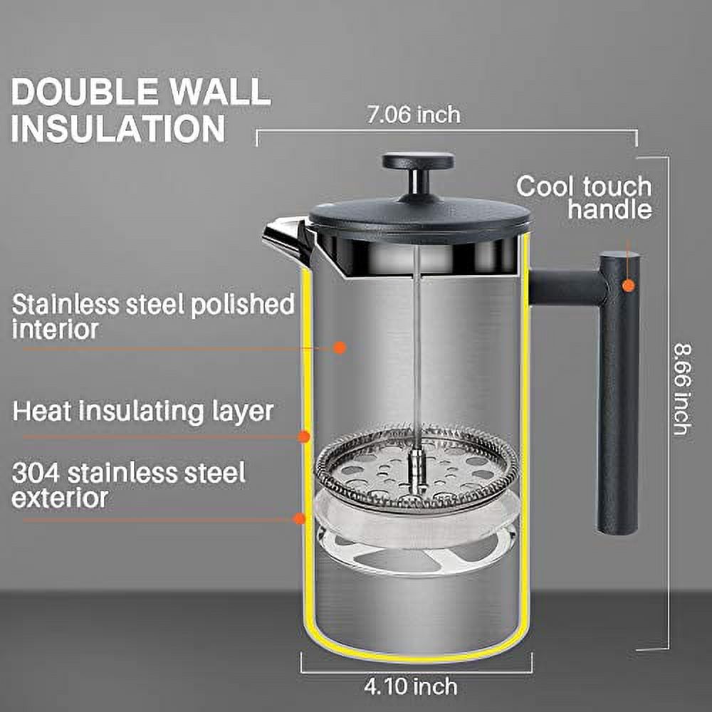 Secura French Press Coffee Maker, 304 Grade Stainless Steel Insulated Coffee Press with 2 Extra Screens, 34oz (1 Litre), Black - image 2 of 7