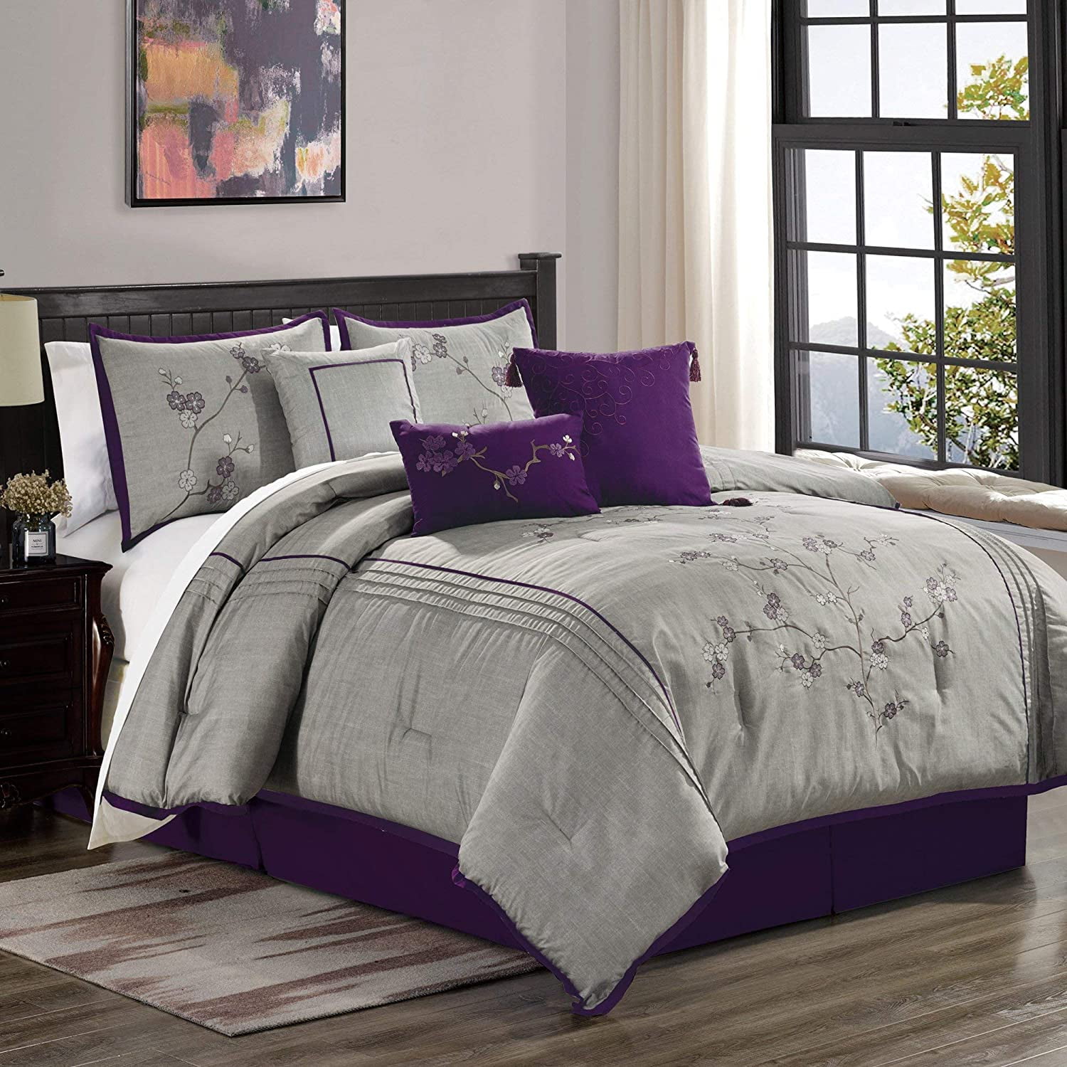 Luxury Embroidery Purple Floral  7-Piece-Comforter-Set-Bed-in-a-Bag Home Decor. 