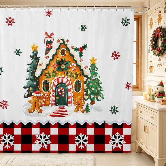 Erosebridal Gingerbread House Shower Curtain 72Wx72L,Christmas Village Bathroom Curtain,White Green Brown