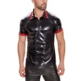 thumbnail image 5 of Men Shiny Patent Leather Polo Shirt, Short Sleeve, Male Soft Leather Casual Tops, 5 of 7