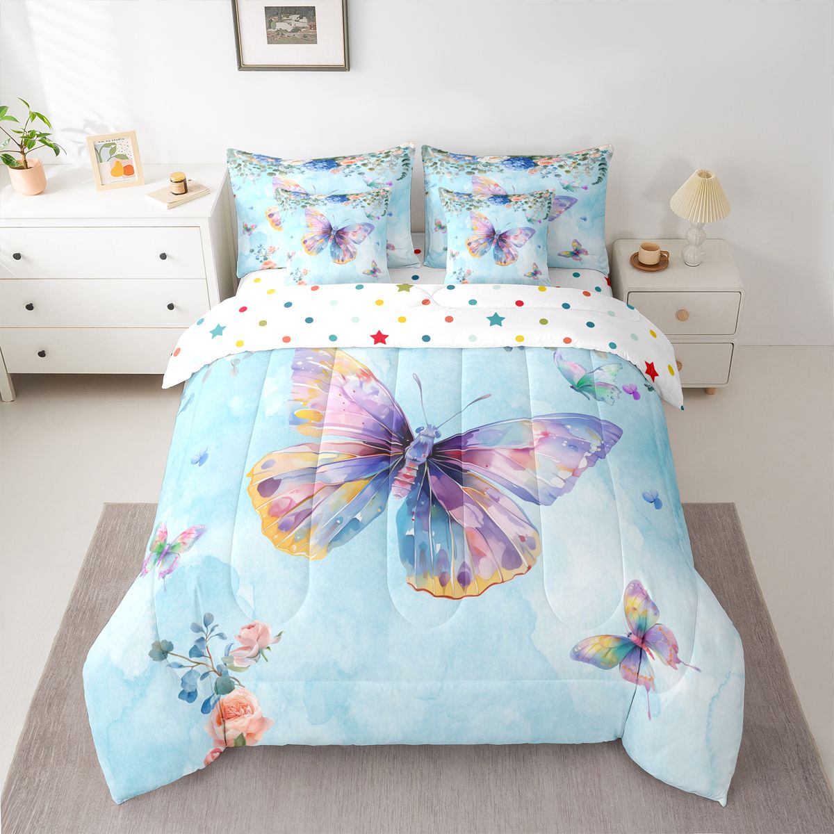 Homewish Kawaii Butterfly 7pcs Bedding Comforter Set,Modern Painting Artistic Queen Bedding Sets,Blue Purple Queen Sheet Sets For Girls Kids,Luxury Bedroom Decor Reversible