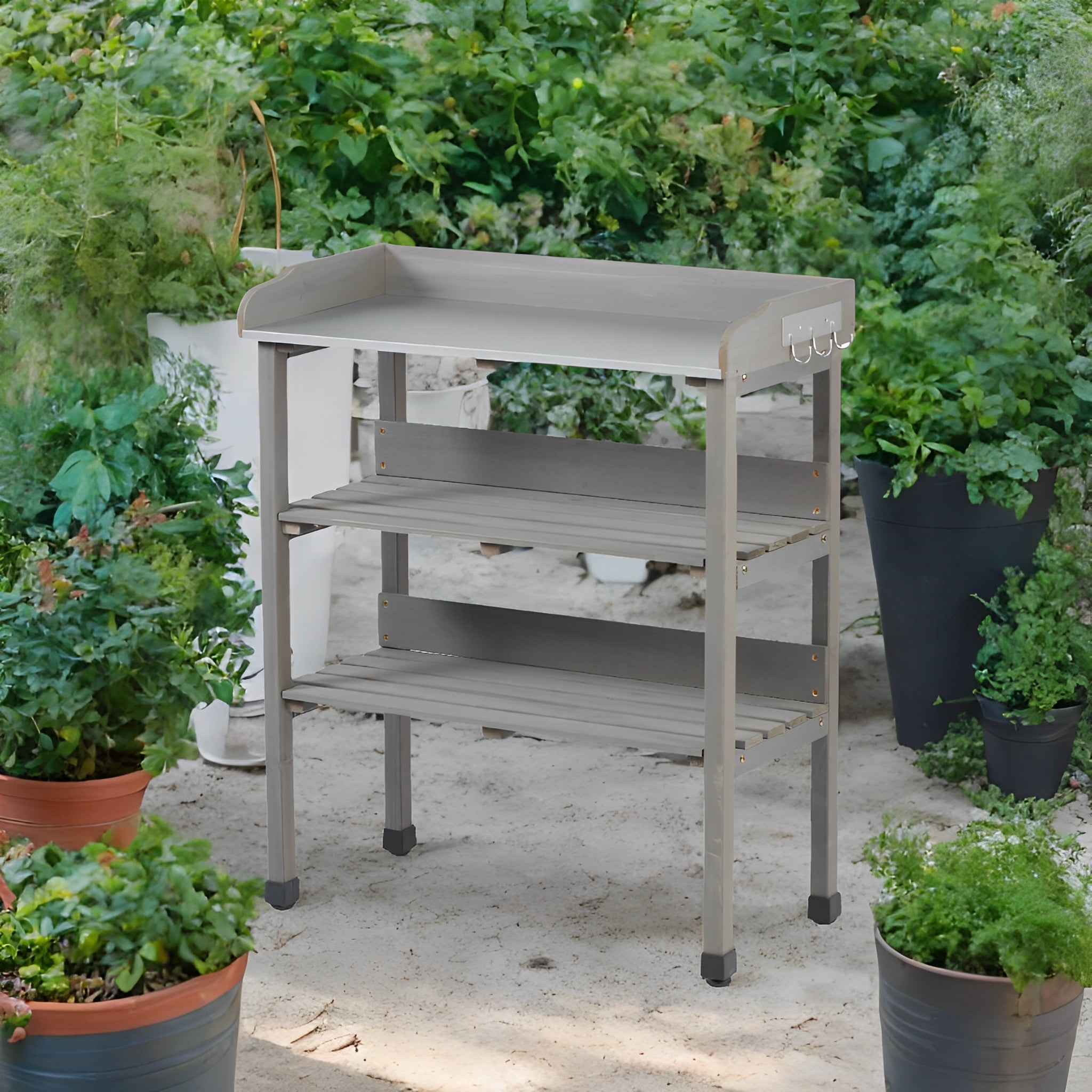 Outdoor Wooden Potting Bench Table with Metal Tabletop,3 Layers Outdoor Work Bench for Garden,Garage,Grey