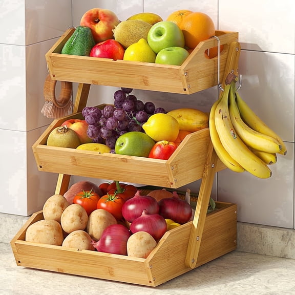 Tmtamye 3-Tier Fruit Basket with Banana Hooks, Bamboo Countertop Organizer for Kitchen Counter
