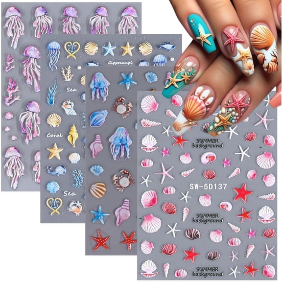 Summer Ocean Nail Art Stickers, Embossed Beach Seashell Starfish Nail Decals, Cute Marine Life Self Adhesive Nail Accessories for Women Girls Acrylic Nail DIY Decoration, 4Sheets