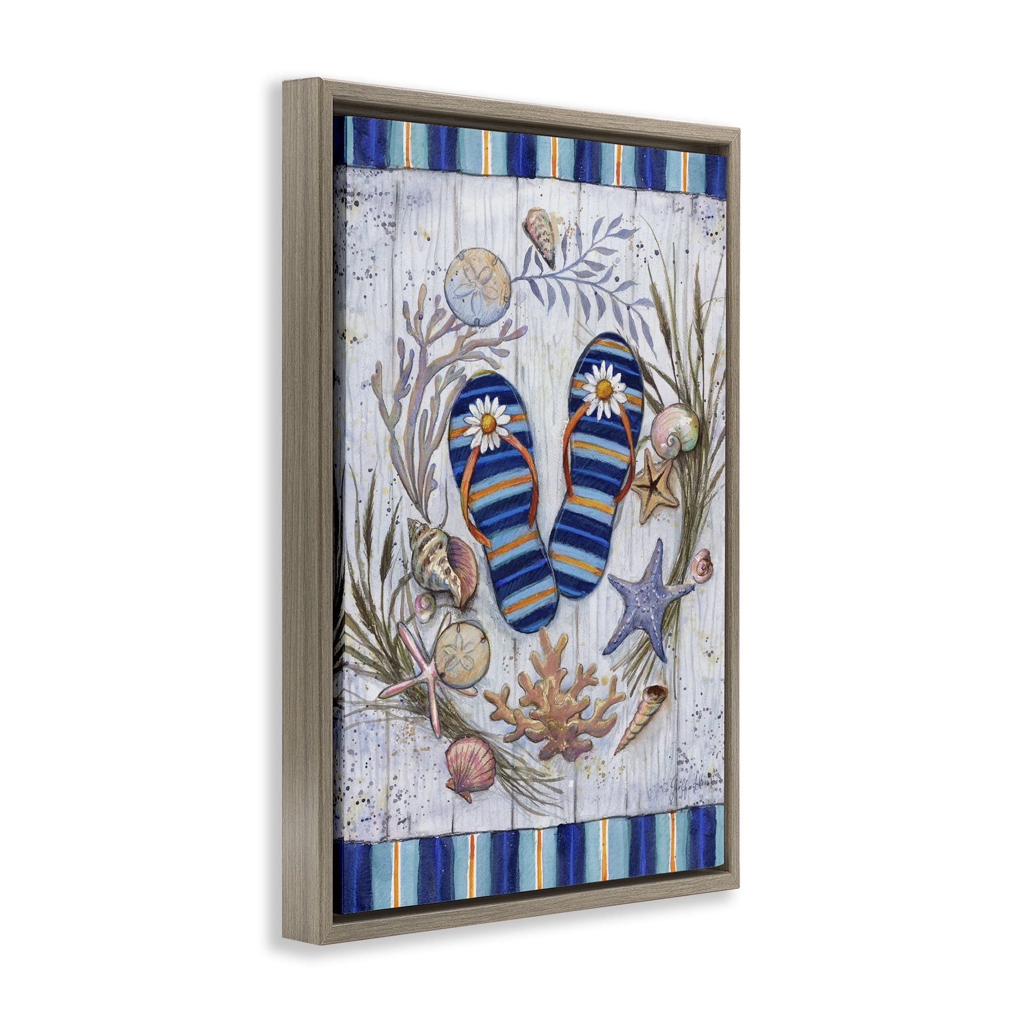 Stupell Industries Coastal Wreath & Flip Flops Nautical & Beach Painting Brown Floater Framed Canvas Art Print Wall Art, 17 x 25