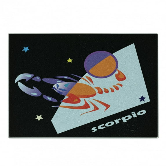 Zodiac Scorpio Cutting Board, Abstract Retro Style Colorful Celestial Composition Signs and Stars Theme, Decorative Tempered Glass Cutting and Serving Board, Small Size, Multicolor, by Ambesonne