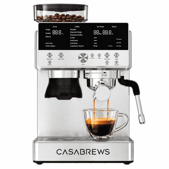 Casabrews MARENZA Espresso machine with Grinder and Frother, 20 Bar Espresso Coffee Machine with LCD Display, Powerful Steam Wand, 33 Grind Settings, Coffee Maker, Stainless Steel
