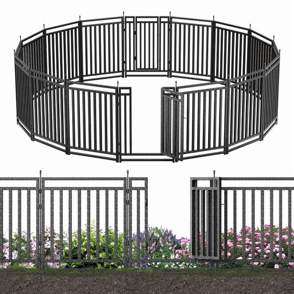 Petorldog Decorative Garden Fence, 36ft x 40in, 14 Panels 2 Gates, No Dig Metal Dog Fence for Yard | Black-Silver