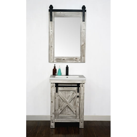 InFurniture  24 in. Rustic Solid Fir Barn Door Style Vanity in White Wash with Ceramic Single Sink - No Faucet - 24 x 34 x 18.5 in.