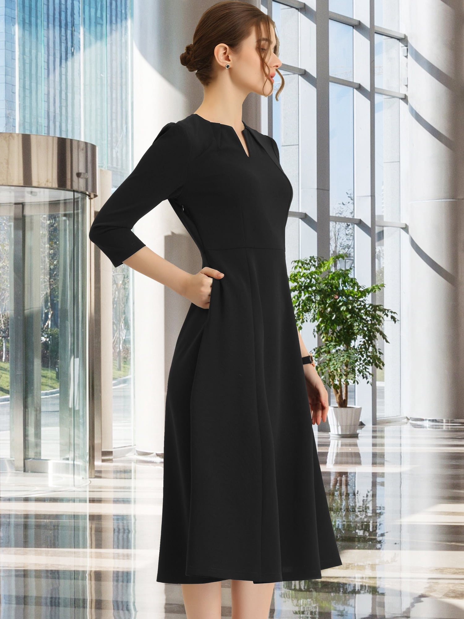 DARING DIVA Work Office Elegant 3/4 Sleeve V Neck A-Line Dress S Black