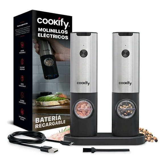 Set de Molinillos Eléctricos Recargables Cookify para Sal y Pimienta. Molino de Especias de Acero Inoxidable con Luz LED