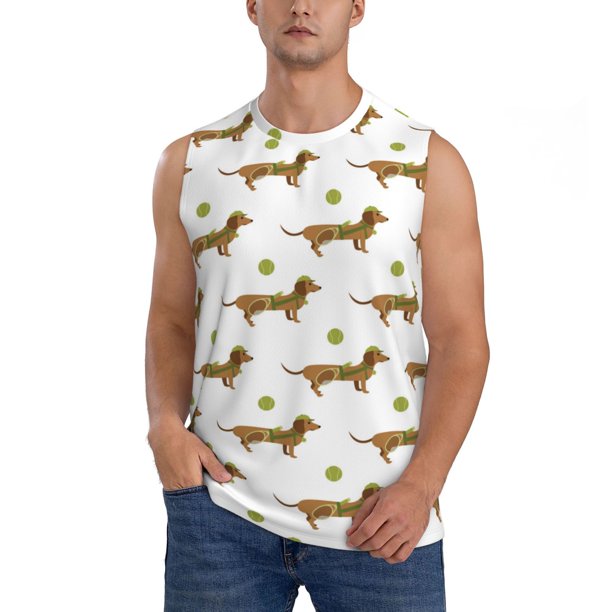 Fotbe Dachshund Going To Play Tennis Men's Camiseta sin Mangas Estampada para Hombres, Playera Casual para Gimnasio, Entrenamiento, Playa-Large