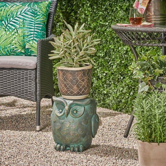 Agnes Owl Garden Stool, Lightweight Concrete, Gold Patina Finish,12.50 inch