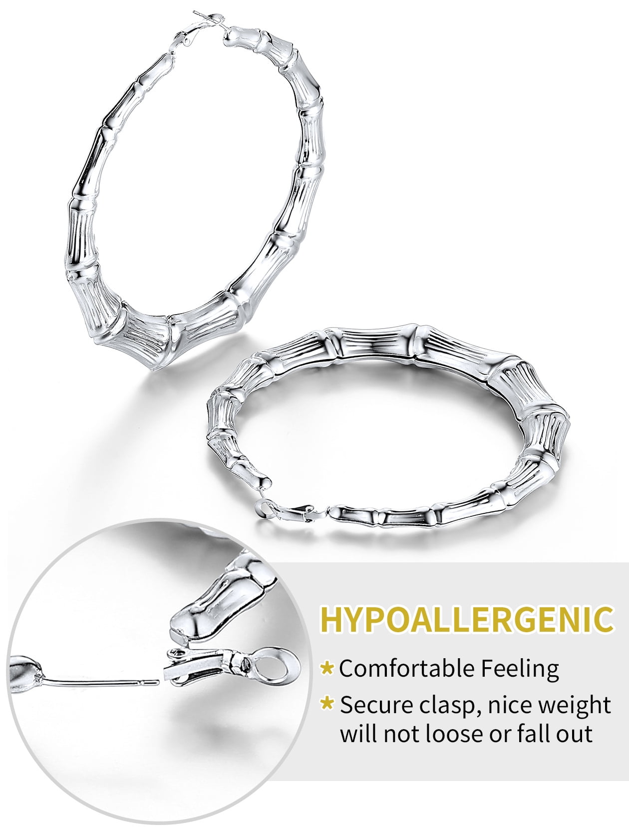 ChainsHouse Bamboo Hoop Earrings for Women Silver Hypoallergenic Chunky Earring Stainless Steel Birthday Christmas Anniversary Jewelry Gift