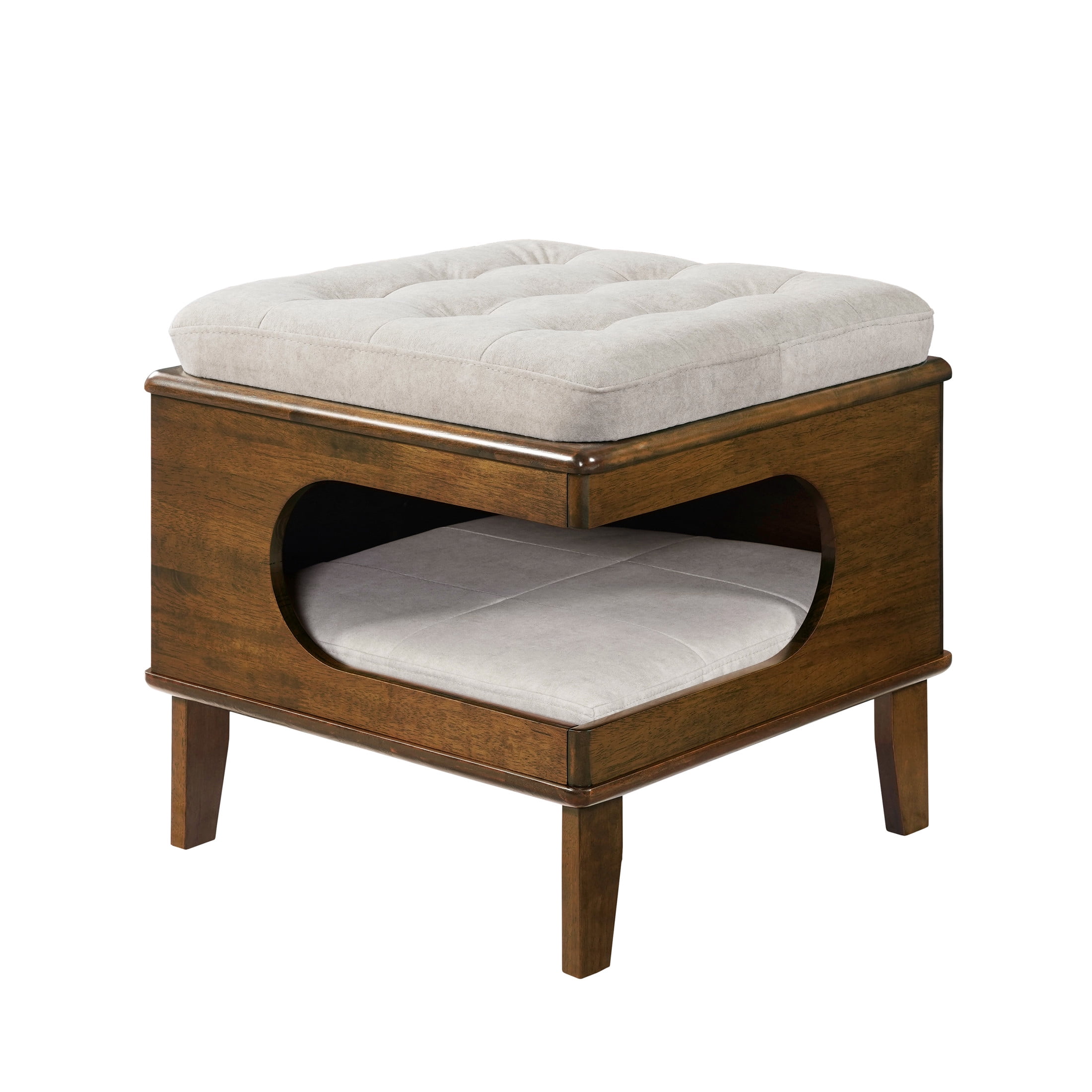 Christopher Knight Home Cat House Ottoman, Wooden Footstool with Pet Hideaway, Tufted Seat, Walnut