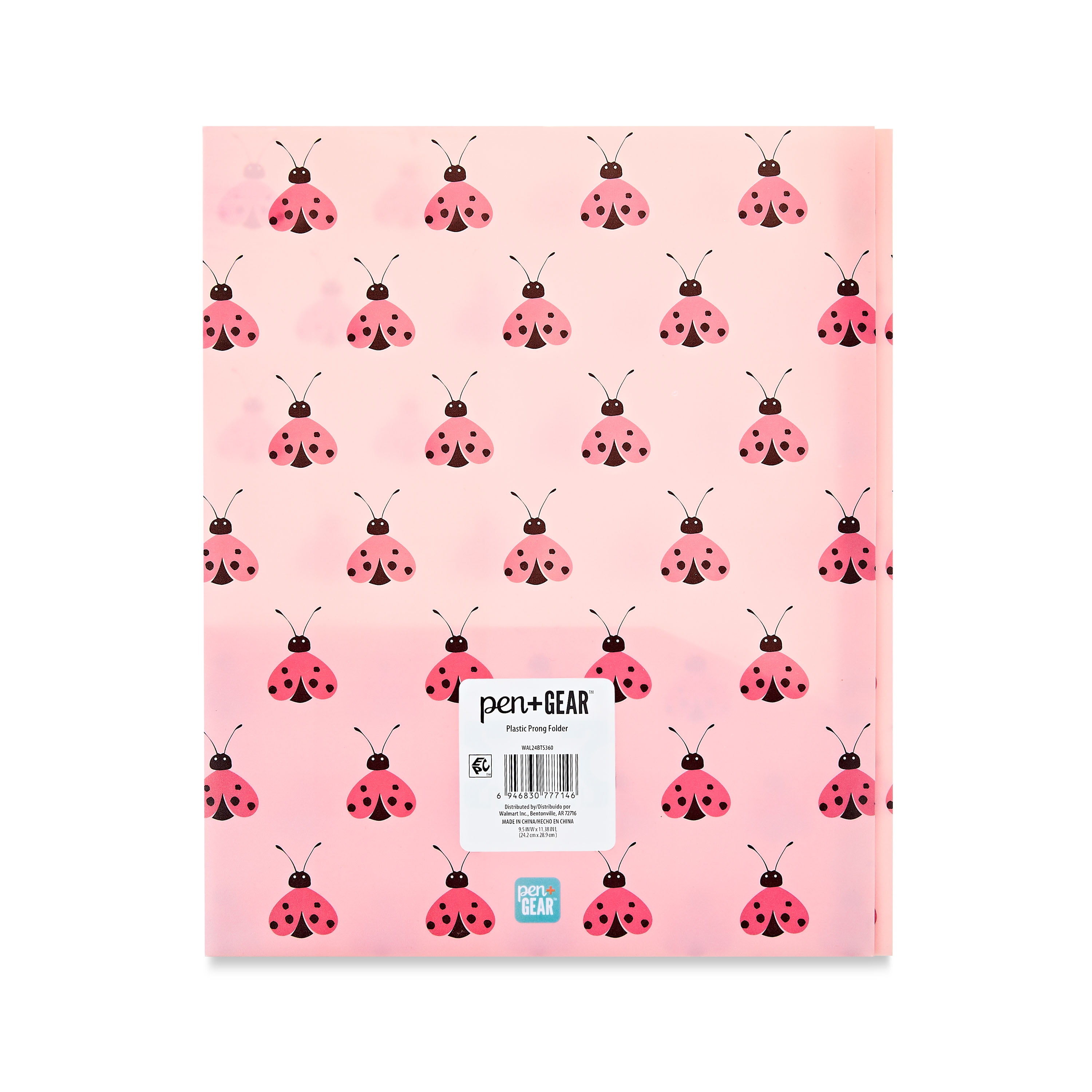 Pen+Gear Letter Size 2-Pocket Poly Folder with Prongs, 9.5" x 11.38", Pink Ladybugs