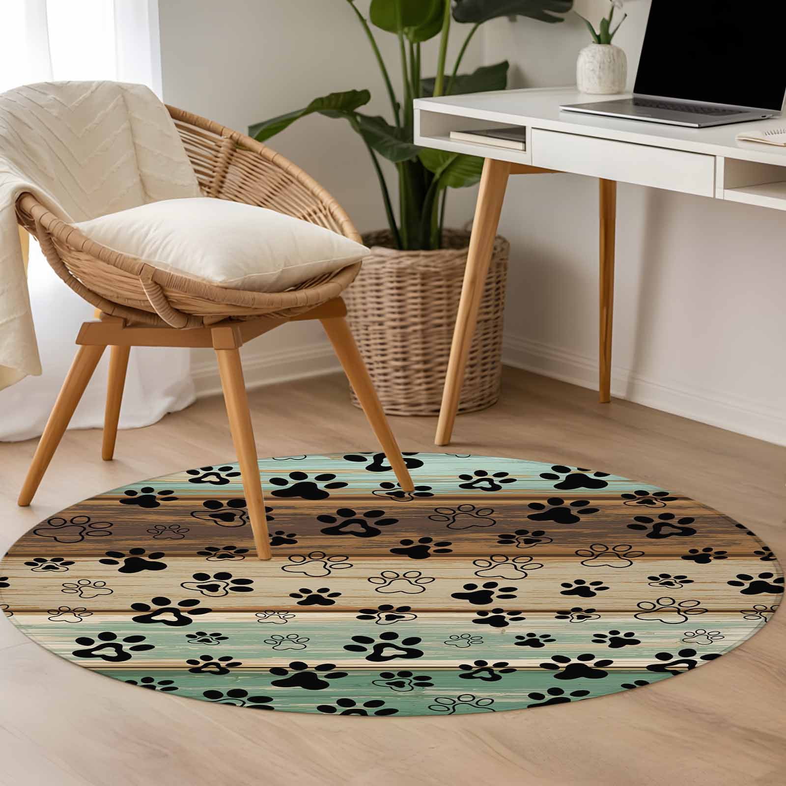 Round Rugs 4Ft, Teal Brown Round Area Rug Washable Indoor Throw Carpet, Pet Paw Printed Farmhouse Dog Claws Wood Grain Soft Non Slip Circle Rug for Kitchen Nursery Room Home Decor Aesthetic