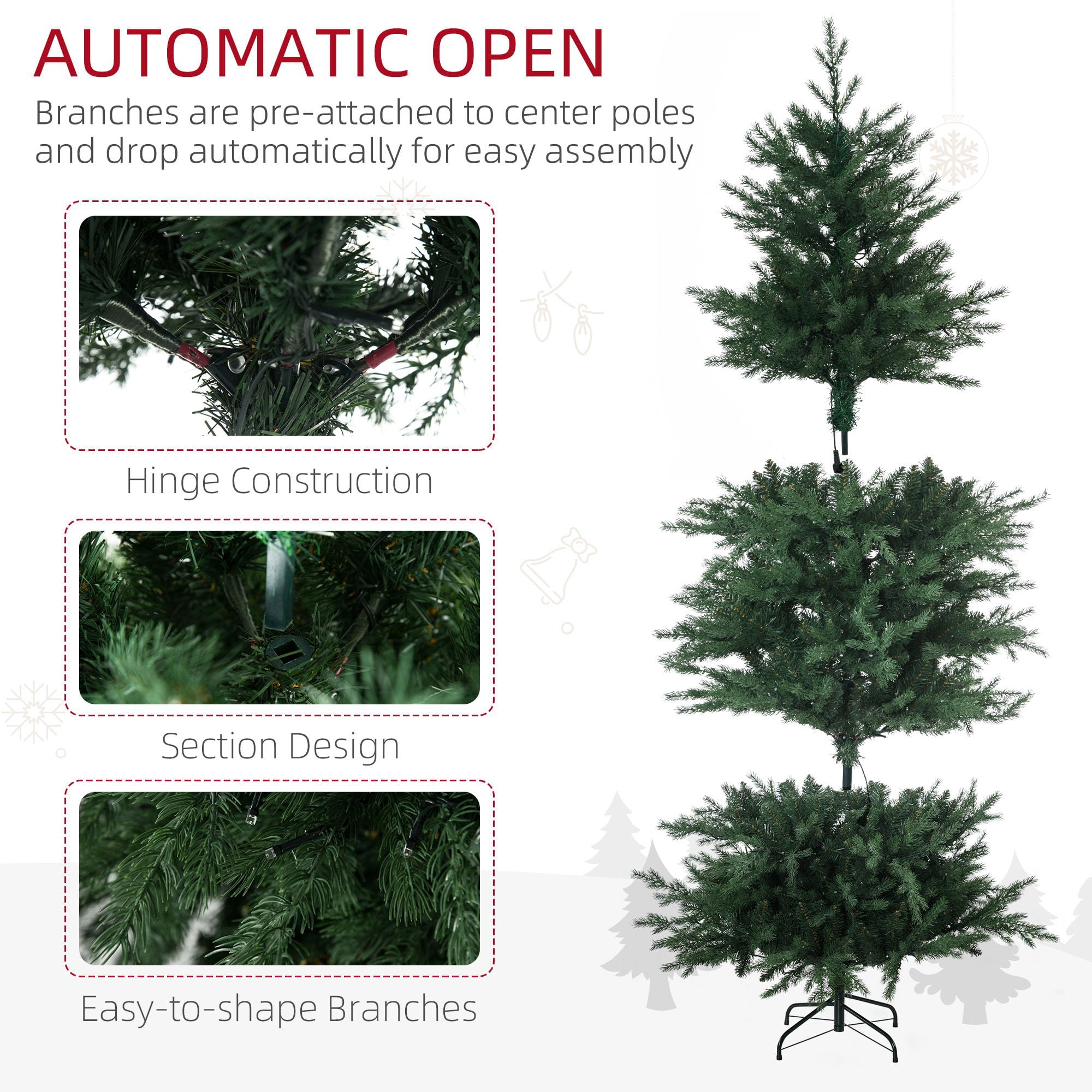 6 ft Artificial Prelit Christmas Tree with Warm White LED Lights, 8 Light Modes, Auto Open, 2328 Tips, 43.25 in Diameter, Indoor Holiday Decor