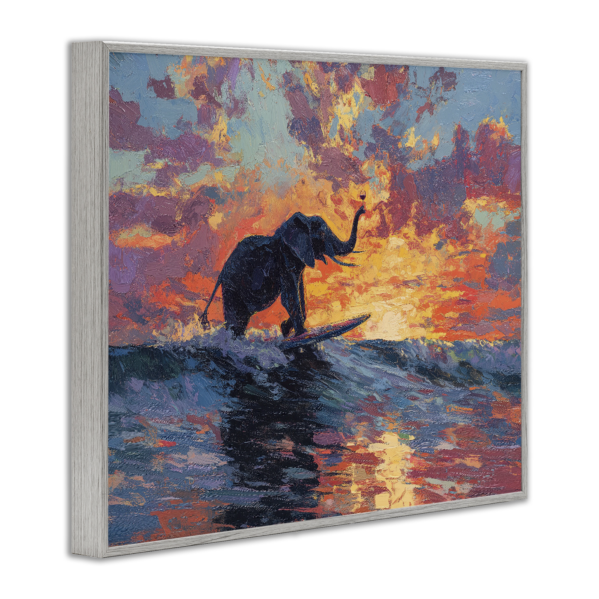 Sunset Surf Elephant Gray Framed Giclee Art, design by Ziwei Li