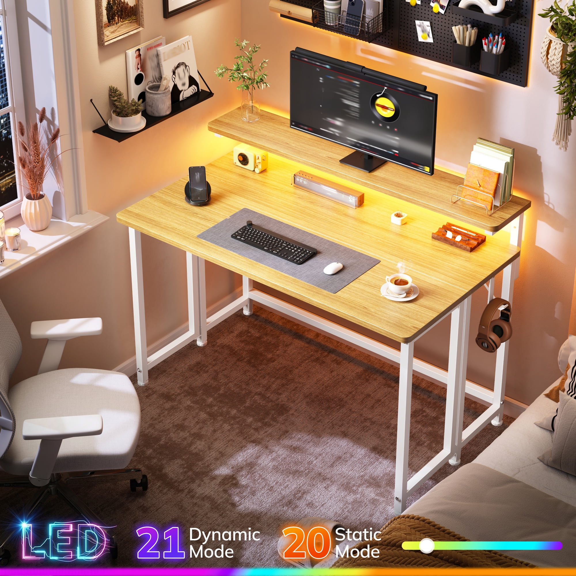 Romorgniz 39.4"D Office Desk with LED Lights & Hooks, Folding Desk for Small Spaces, Space Saving Sofa Table for Couch, Reading Table for Living Room, Oak
