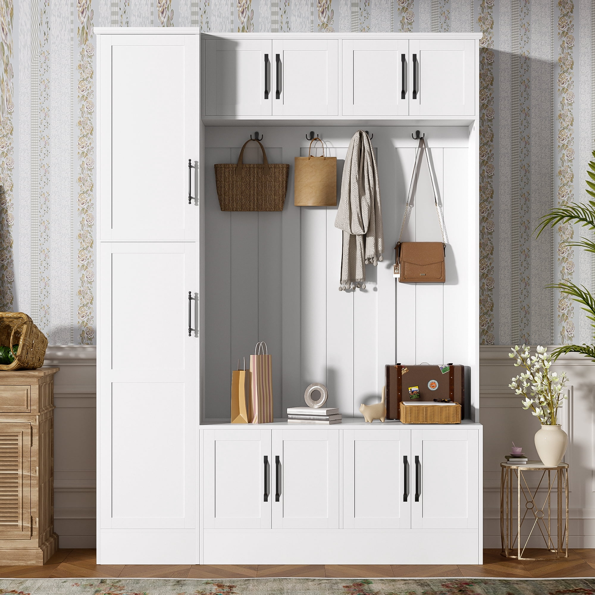 Euroco 79'' Tall Modern Hall Tree with Shoe Storage, 4-in-1 Entryway Bench with 6 Cabinets, 4 Coat Hooks & Adjustable Shelf for Hallway, living room, White