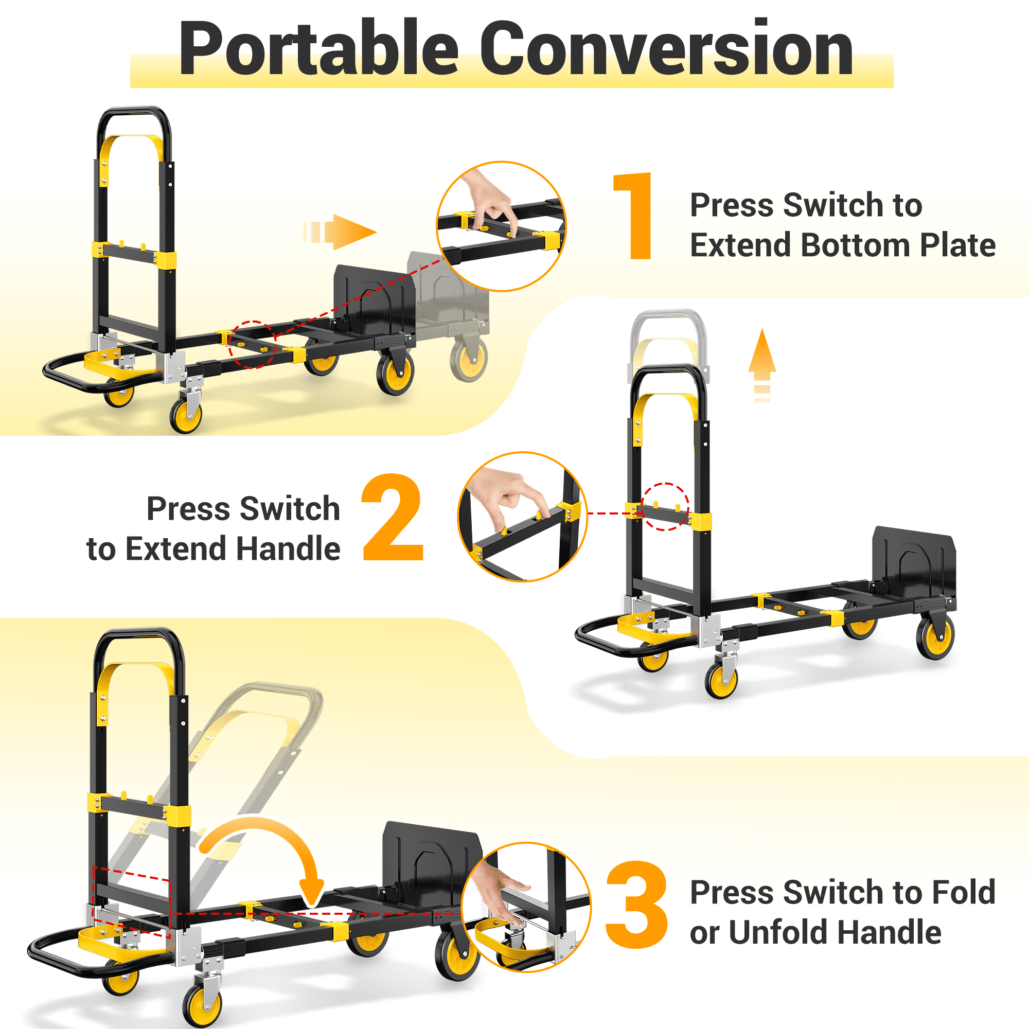 Gewna 2 in 1 Folding Hand Truck with Retractable Handle and 4 Rubber Wheels, Heavy Duty Dolly Cart 600lbs Load Capacity for Moving,Travel,Office Use
