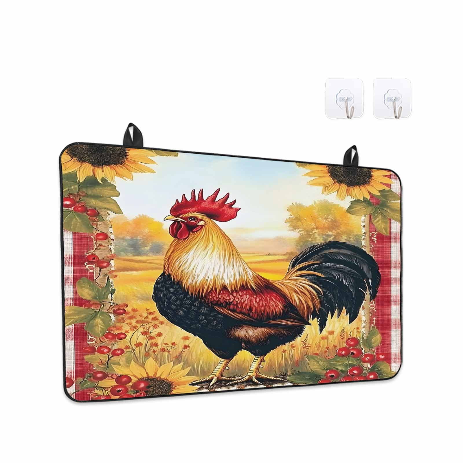 Retro Rooster Stove Top Cover for Electric Stove, Heat-proof & Non Slip Glass Top Stove Cover Protector, Yellow Sunflower Red Plaid Farmhouse Kitchen Flat Cooktop Rubber Mat 24x21 Inches