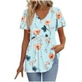 thumbnail image 2 of Clearance Rciityk V Neck T Shirts for Women Floral Printed Summer Tops Short Sleeve Shirts Trendy Casual Loose Pleated Dress Tunic Tops, Light Blue L - Spring/Summer Savings Clearance, 2 of 5