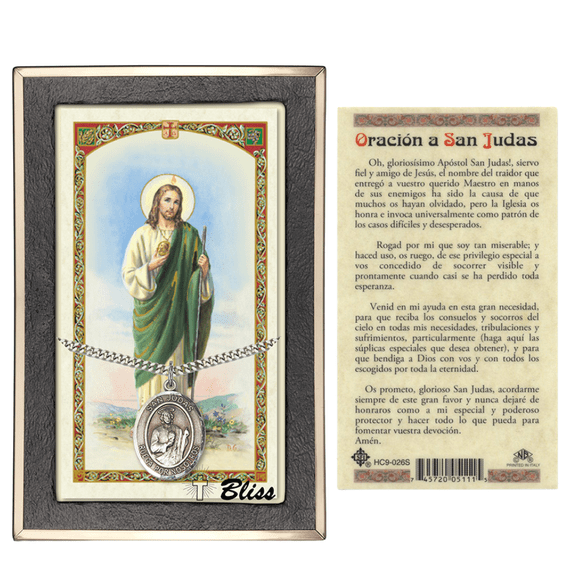 Sterling Silver San Judas Medal on a 24 inch Heavy Curb Chain with a Prayer to St Jude Thaddeus Prayer Card.