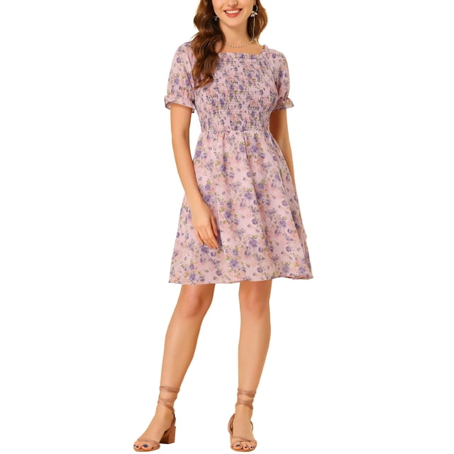 INSPIRE CHIC Vestido corto de manga corta con hombros al aire y estampado floral para mujer L Rosa