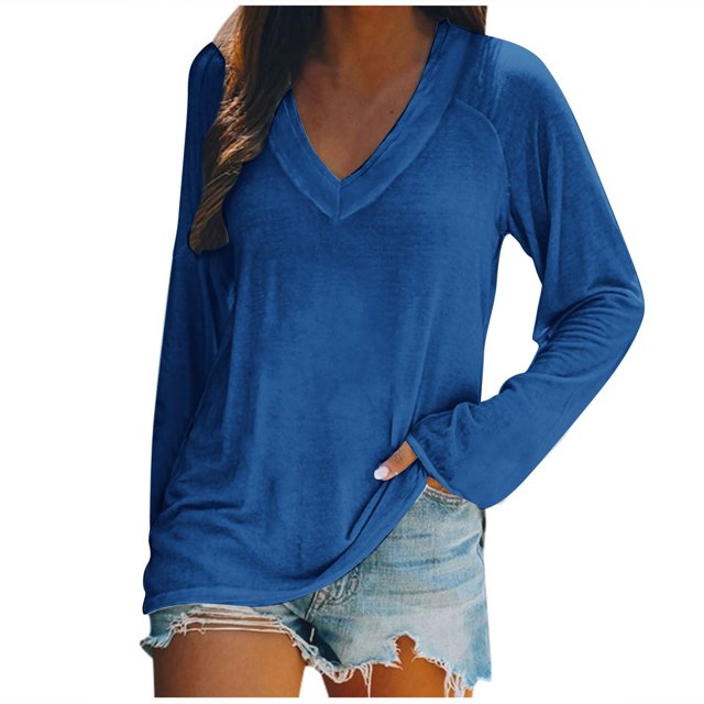 AherBiu Womens T Shirts V Neck Loose Fitted Long Sleeve Basic Tee Oversized Comfy Fall Tops Solid Color