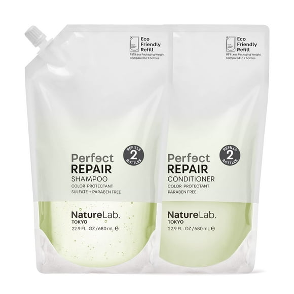 NATURELAB. TOKYO Perfect Repair Shampoo & Conditioner: Eco-Friendly Refill Pouch Duo: Replenish and Restore Damaged, Color Treated Hair and Strengthe