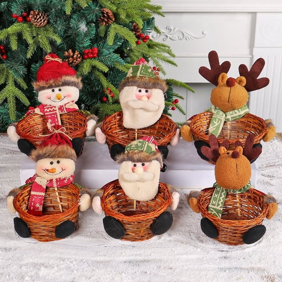 Christmas Candy Storage Basket Santa Snowman Candy Woven Holder Basket Christmas Candy Bowl Candy Dish for Holiday Table Desk Decoration Gift(Snowman Reindeer Santa Claus)