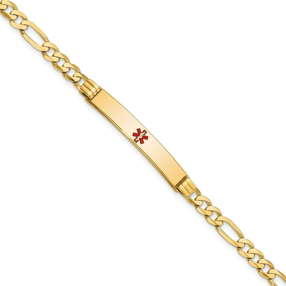 14K Yellow Gold Medical Red Enamel Flat Figaro Link Id Bracelet (7 X 6.5) Made In United States xm566cr-7