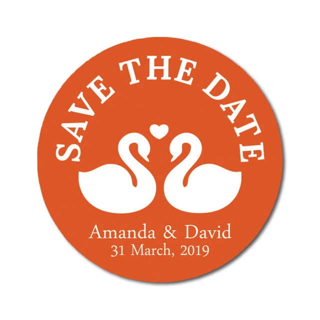 Darling Souvenir Round 45 Pcs Loving Swans Save The Date Stickers Personalized Bride Groom Names And Date Envelope Seals - Orange