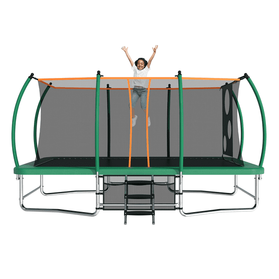 Netrum 10 x 16ft Rectangle Trampoline for Kids and Adults, Outdoor Recreational Curved Poles Trampoline with Football Goal Net & Storage Bag & Ladder, 440LBS Bearing Bounce Trampoline Green