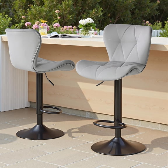 Atilioo Bar Stools Set of 2, Adjustable Fabric Upholstered Swivel Barstools Counter Height Chair with Back and Footrest for Bar Kitchen Island, Gray