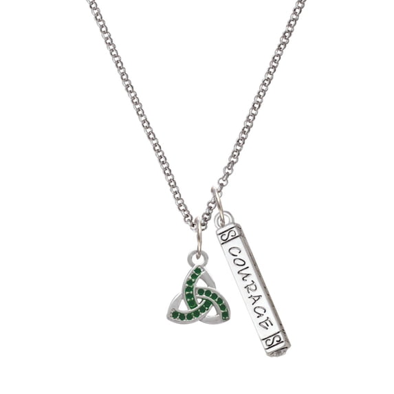 Delight Jewelry Silvertone Small 2-D Green Trinity Knot Silvertone Courage Strength Wisdom Honesty Bar Charm Necklace, 23"