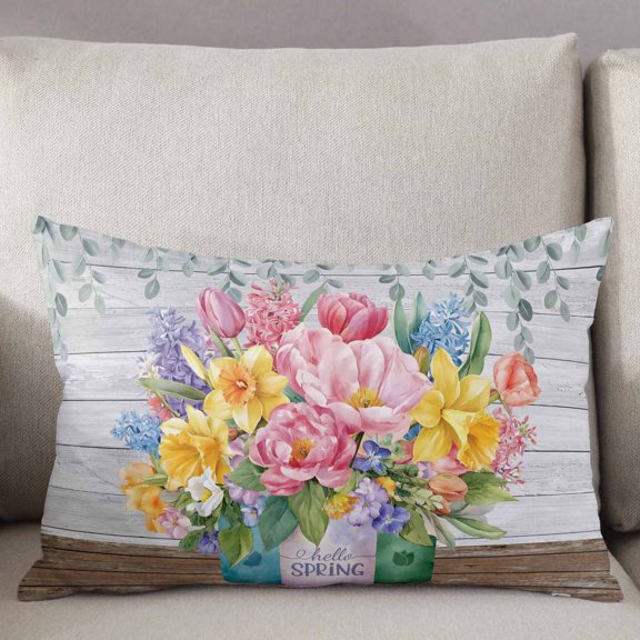 Decorative Pillow Cover 12x20 Inch Rustic Spring Floral Lumbar Pillow Cover Farmhouse Pink Flowers Vase Wood Soft Cushion Covers for Sofa Couch Bed, Living Room Home Decor
