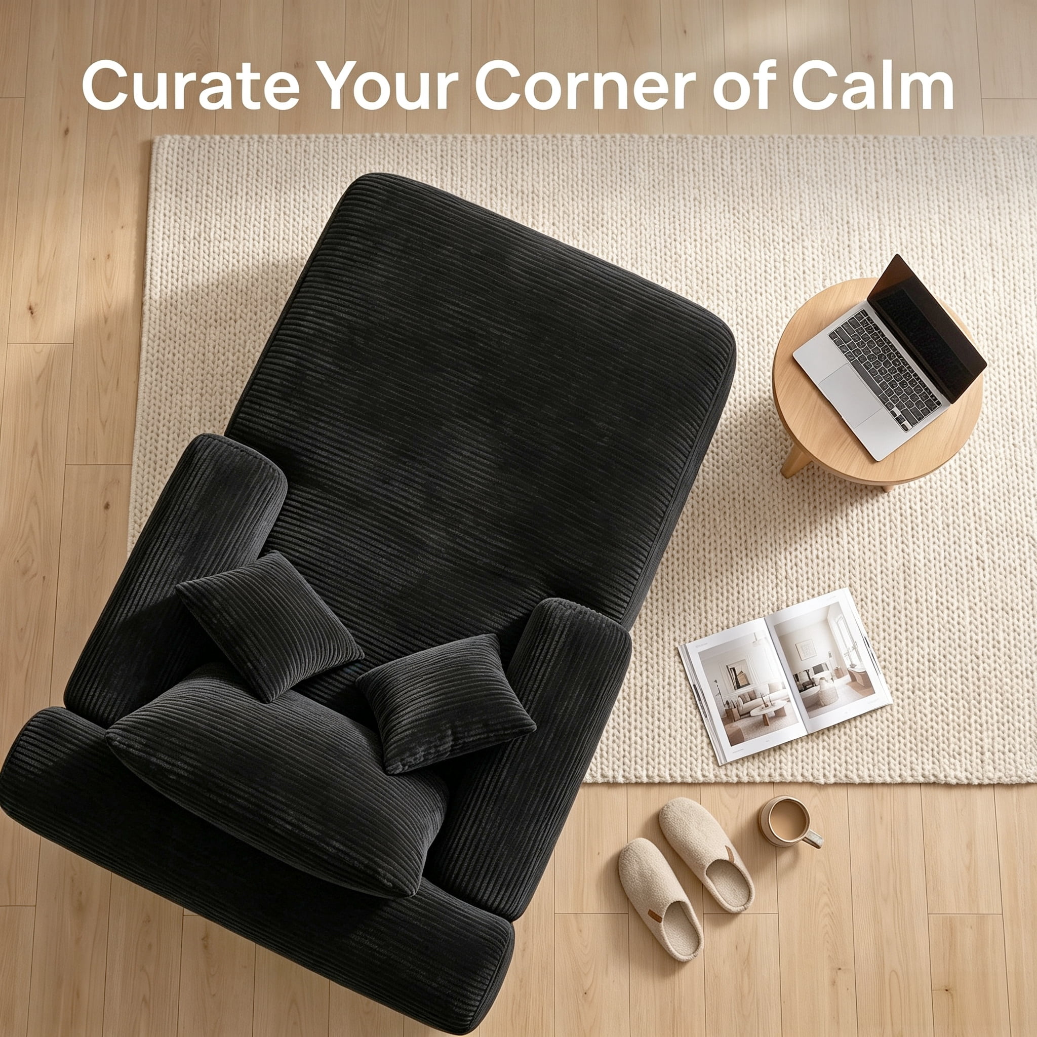 ShiKeyi 65'' Oversized Chaise Lounge Chair Indoor, Boneless Sofa Cloud Deep Seat Sleeper Sofa Bed, Plush Corduroy Chaise Couch with Pillows, No Assembly Required, Black